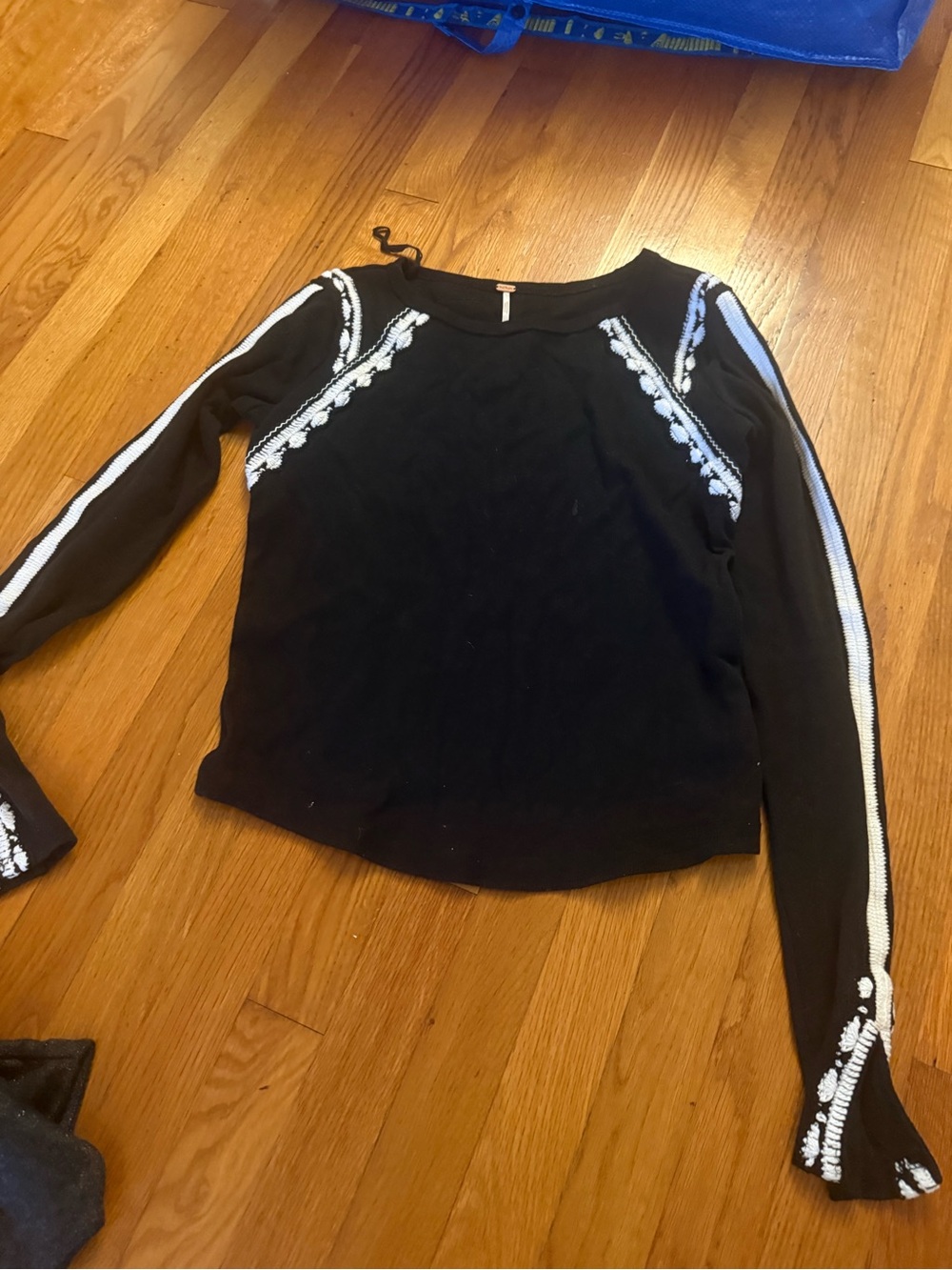Free People Black White Embroidered Long Sleeve Boho Top